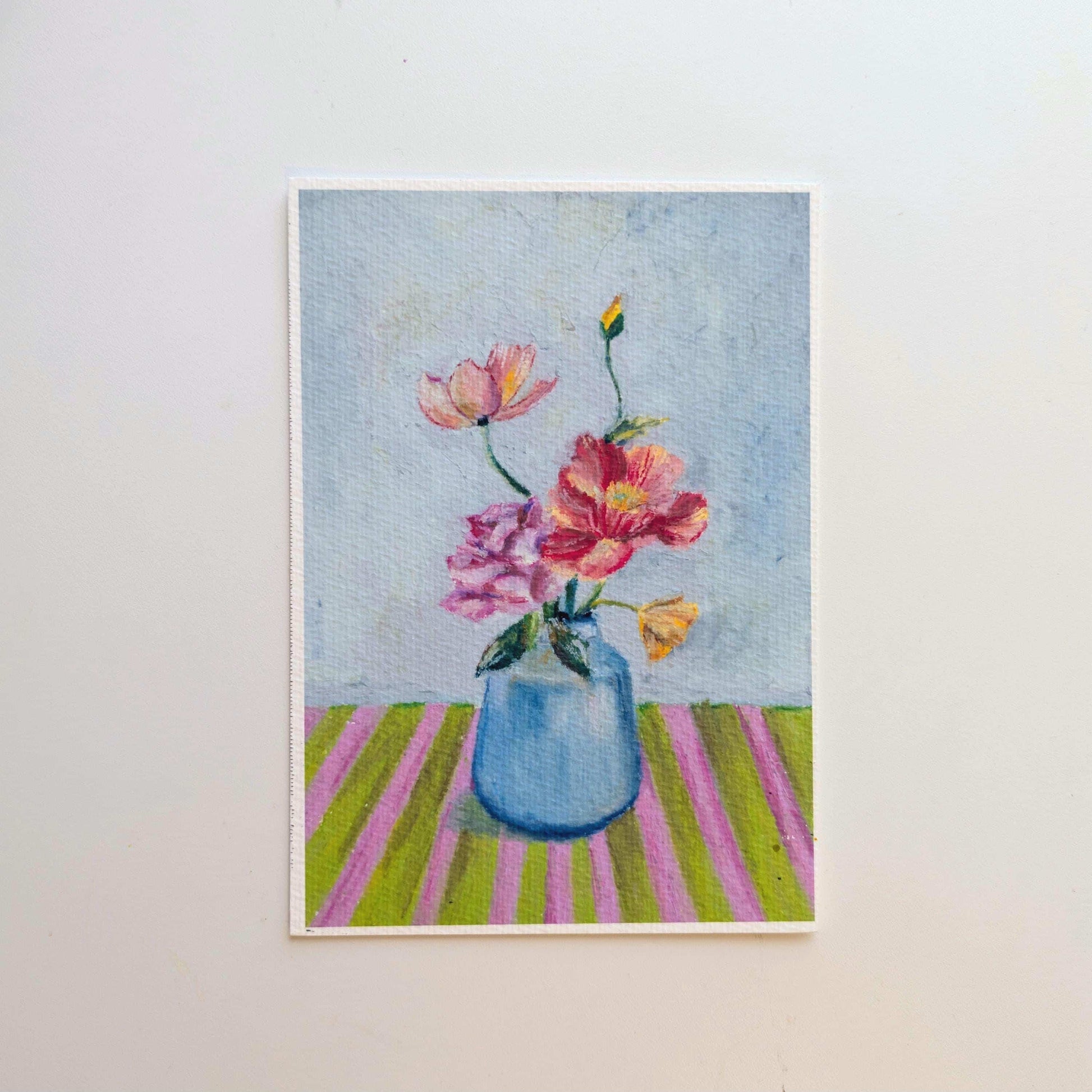 Floral oil pastel art print full view, flower vase painting with warm tones printed on textured fine art paper, HerPens