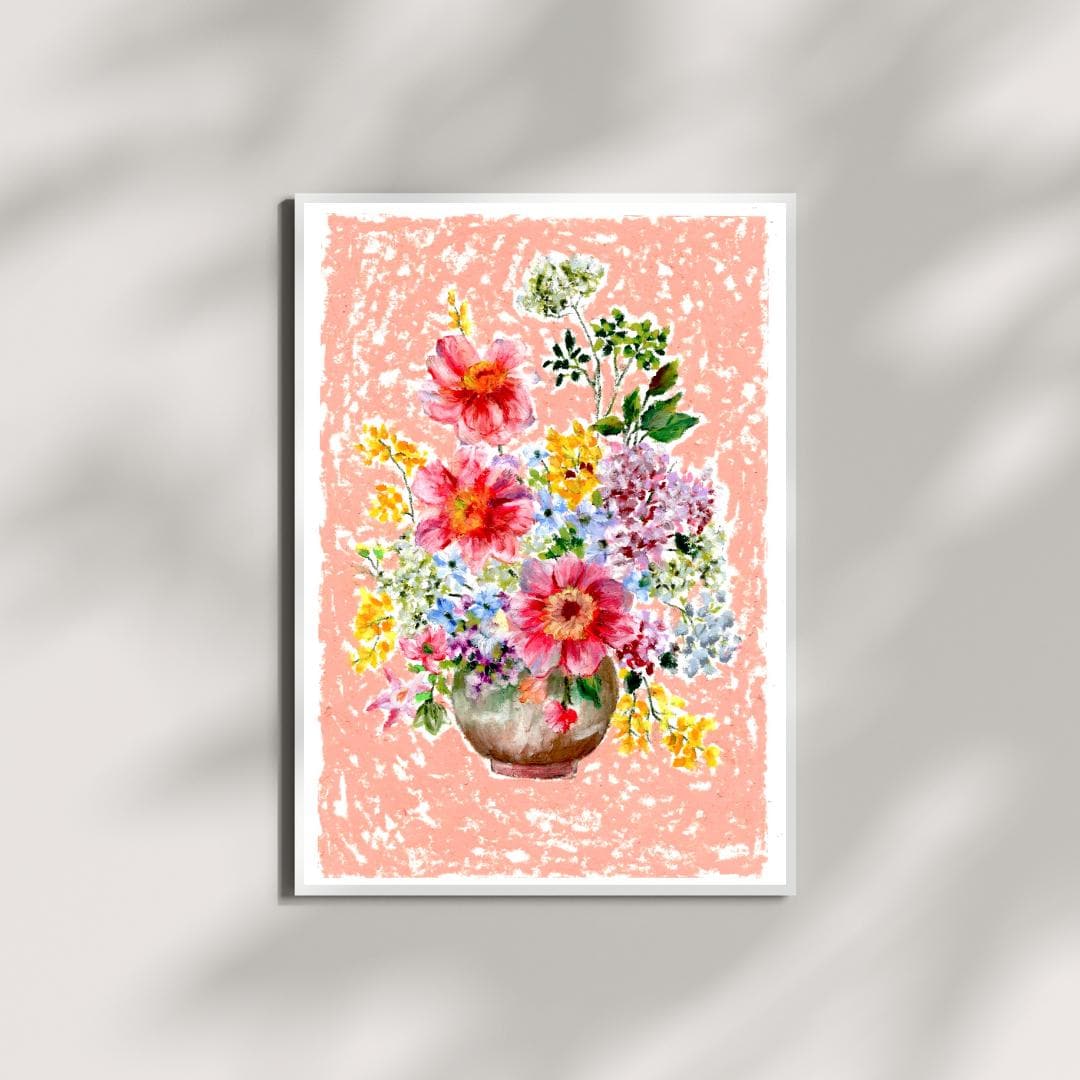 Oil pastel floral art print with colorful flower vase on textured peach background, printed on 310gsm fine art paper by HerPens