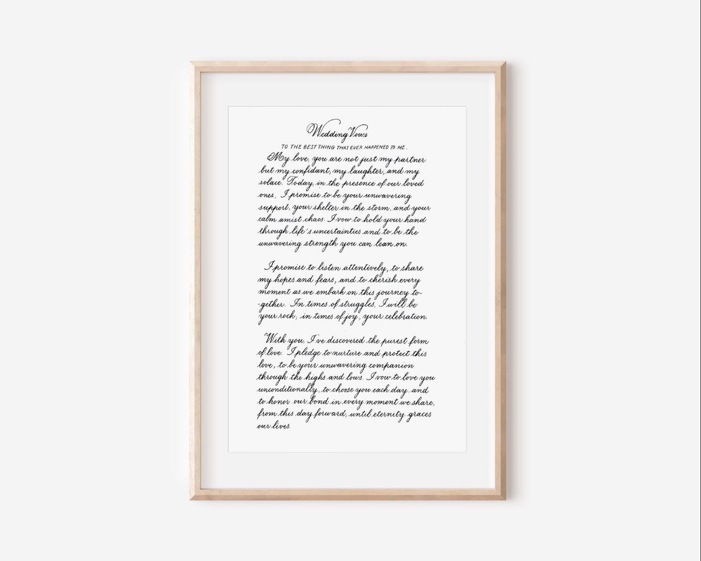 Framed copperplate calligraphy letter on A4 paper minimal display elegant handwritten keepsake herpens