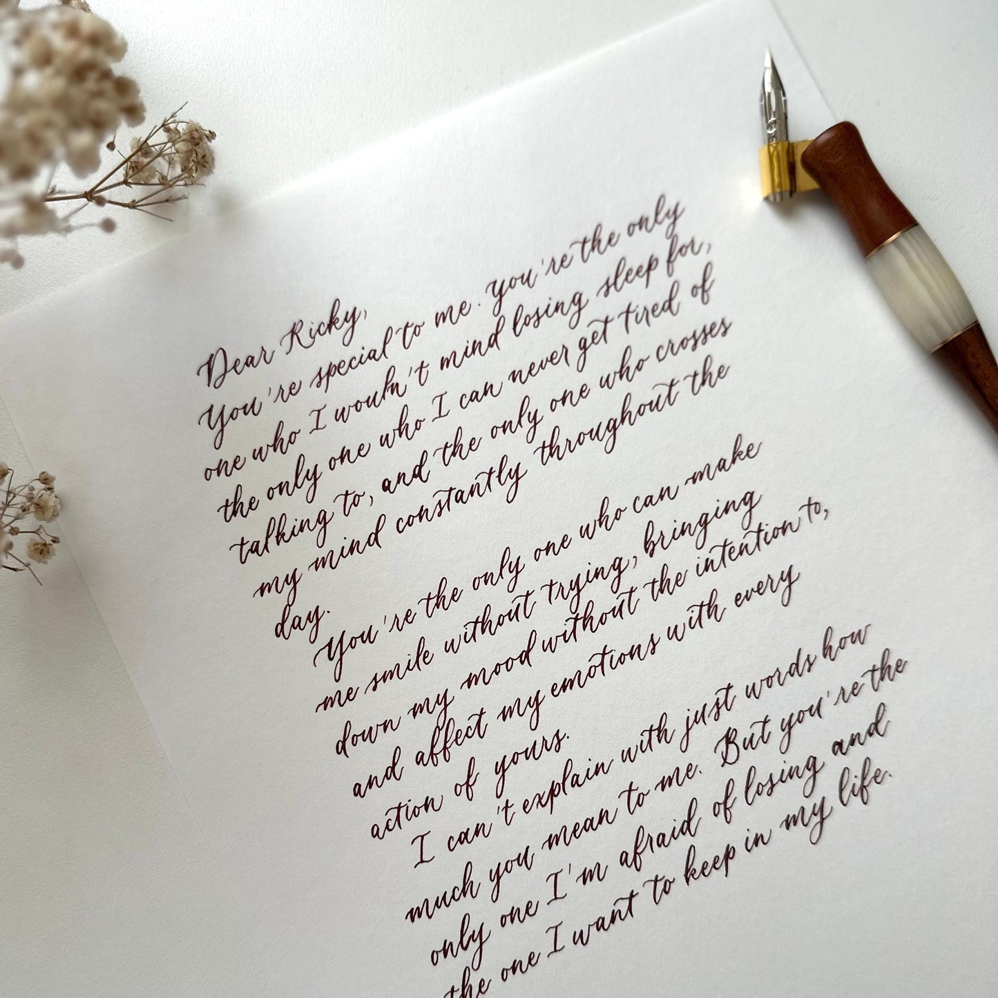 custom handwritten calligraphy letter on A4 paper with dip pen by HerPens