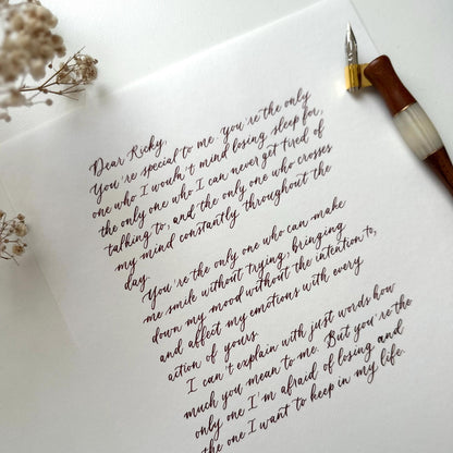 custom handwritten calligraphy letter on A4 paper with dip pen by HerPens