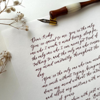 Alt: handwritten modern calligraphy letter on A4 paper in brown ink with dip pen detail elegant script herpens