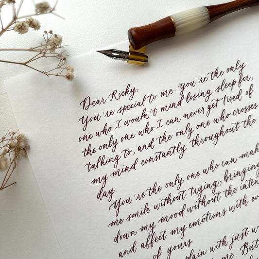 Alt: handwritten modern calligraphy letter on A4 paper in brown ink with dip pen detail elegant script herpens
