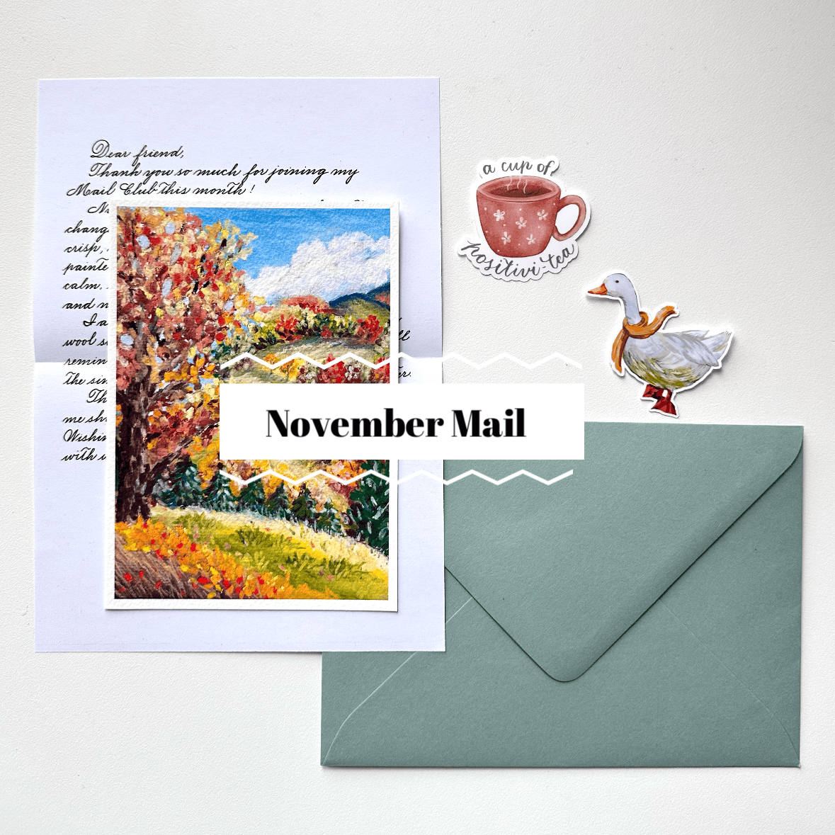 Handwritten HerPenpals mail club envelope with postcards, stickers, and letter with modern calligraphy print