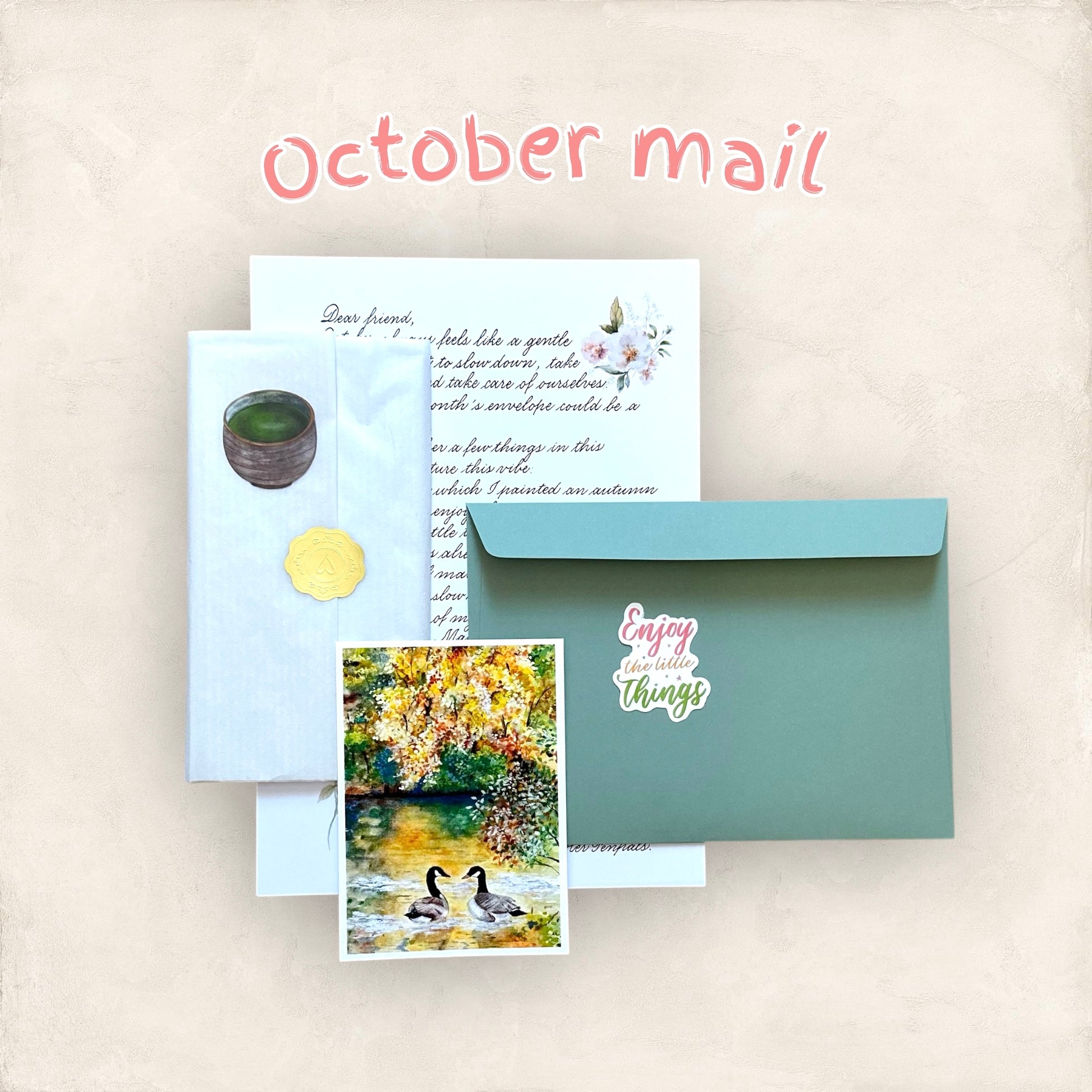 Handwritten HerPenpals mail club envelope with postcards, stickers, and letter with modern calligraphy print