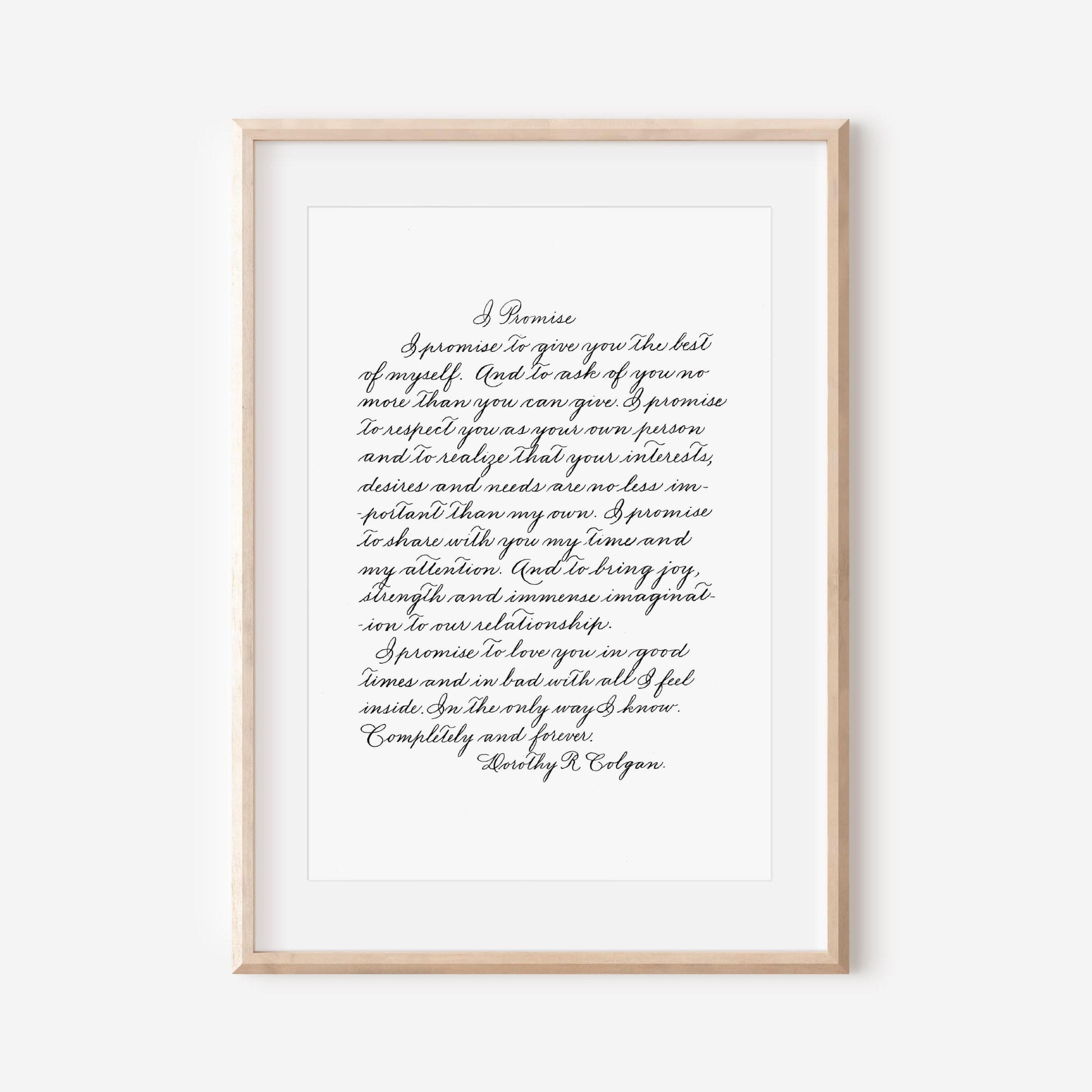 framed Spencerian calligraphy wedding vows love letter or poem keepsake