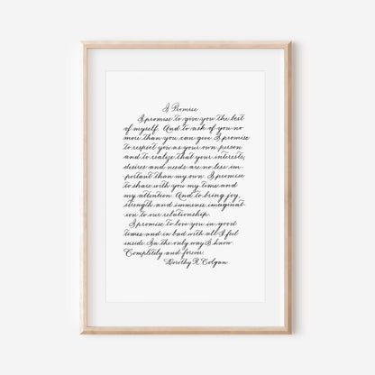 framed Spencerian calligraphy wedding vows love letter or poem keepsake
