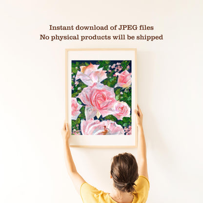Rose Garden | Printable from Original Oil Pastel Art | Digital Download | Nature-Inspired Floral Illustration
