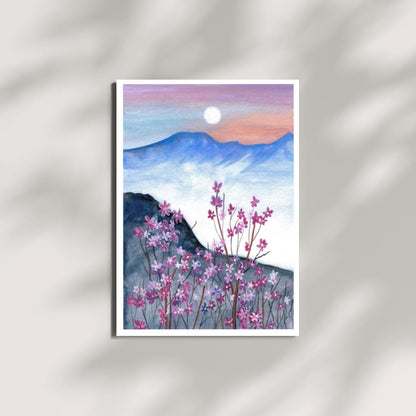 Moonlit Mountain Floral Art Print – Gouache Painting on Fine Art Paper