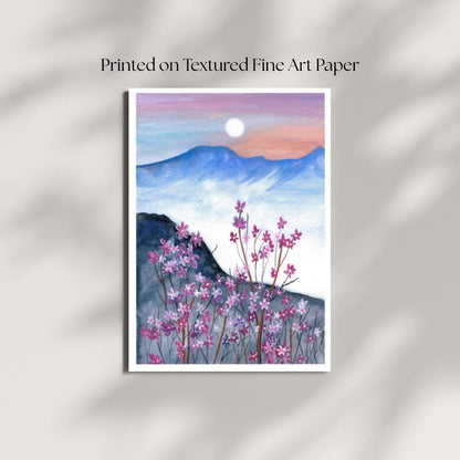 Moonlit Mountain Floral Art Print – Gouache Painting on Fine Art Paper