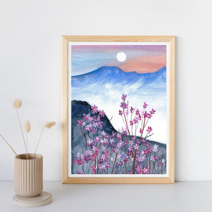 Moonlit Mountain Floral Art Print – Gouache Painting on Fine Art Paper