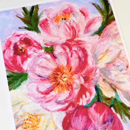 Pink Peonies Oil Pastel Art Print, Textured Paper (A4 A5)