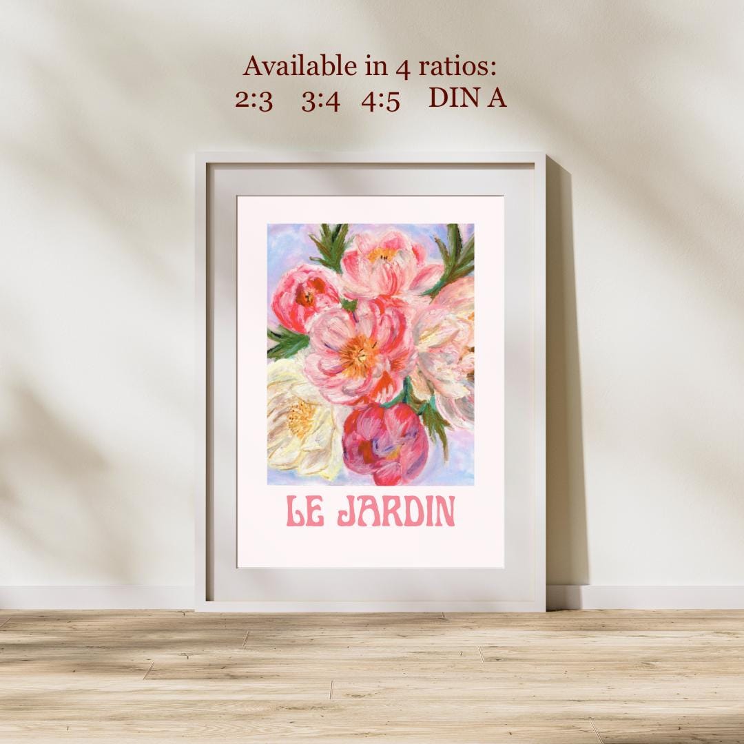 “Le Jardin” floral digital art print displayed above a table — soft pastel garden painting adding warmth to home interior decor.