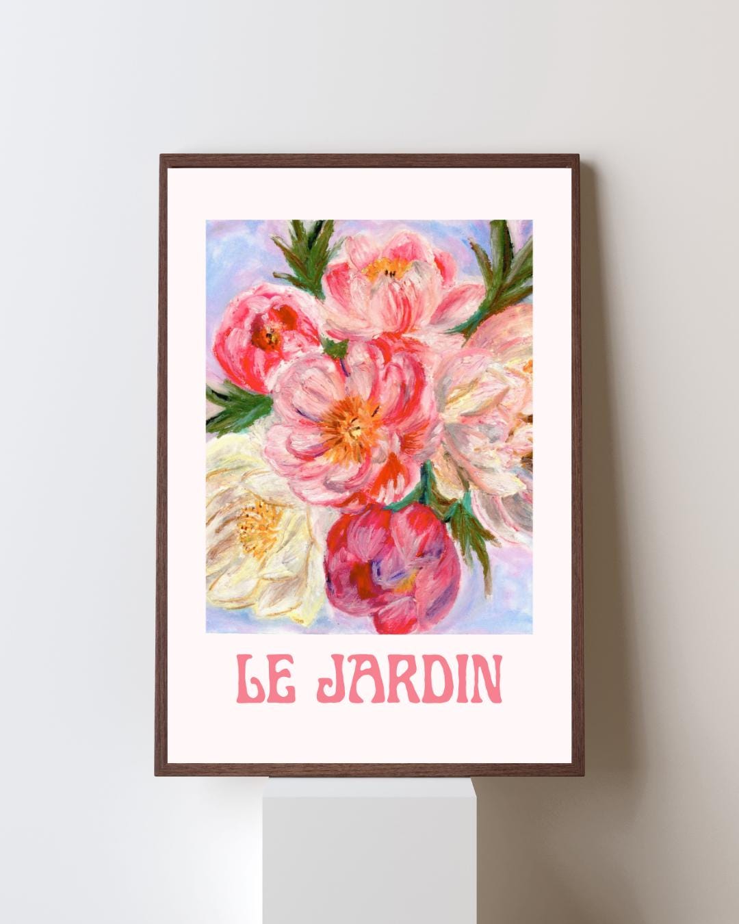 Framed “Le Jardin” digital floral art print — oil pastel garden flowers in soft colors, elegant printable home decor.