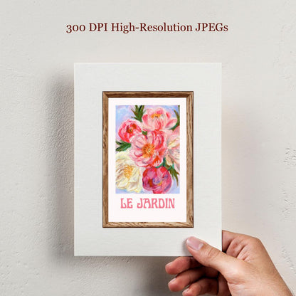 Hand holding the “Le Jardin” digital art print with 300 DPI label — showing crisp detail and texture of floral oil pastel artwork.