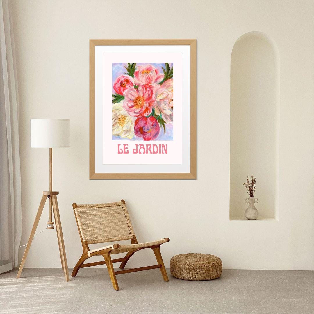 “Le Jardin” floral digital art print styled in living room — elegant garden-inspired wall art bringing calm, vintage charm.
