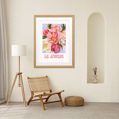 “Le Jardin” floral digital art print styled in living room — elegant garden-inspired wall art bringing calm, vintage charm.