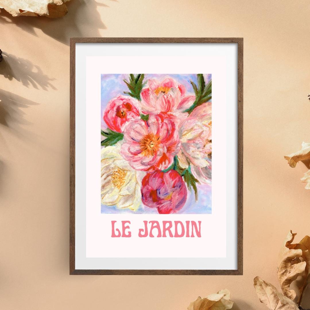 “Le Jardin” oil pastel floral artwork displayed on wall — digital art print featuring soft flowers and greenery in pastel tones.