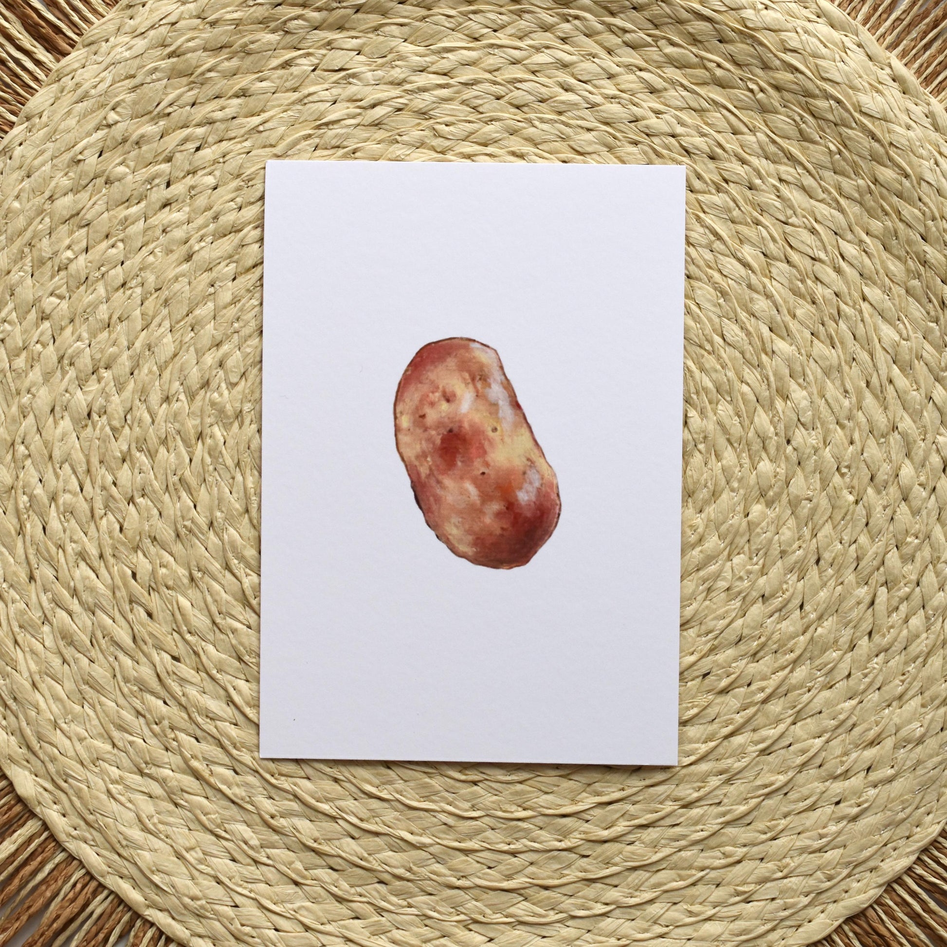 A6 oil pastel postcard featuring a hand-painted potato — printed on 310 gsm matte paper, part of HerPens vegetable art collection.