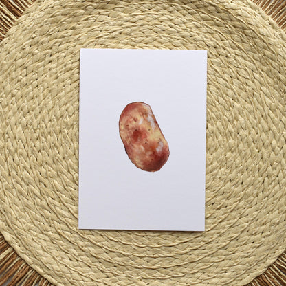 A6 oil pastel postcard featuring a hand-painted potato — printed on 310 gsm matte paper, part of HerPens vegetable art collection.