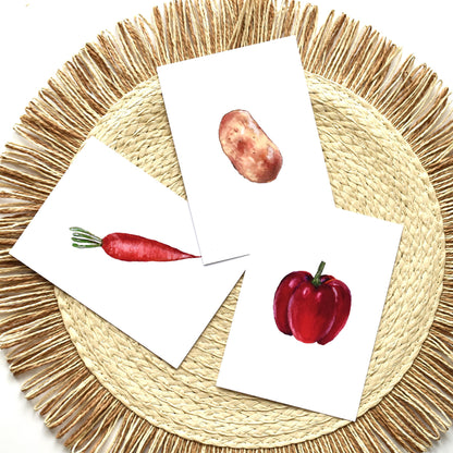 A6 oil pastel vegetable postcards — potato, carrot, and bell pepper paintings printed on matte paper, nature-inspired kitchen art.