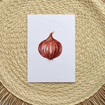 Card with a red onion illustration on a woven mat