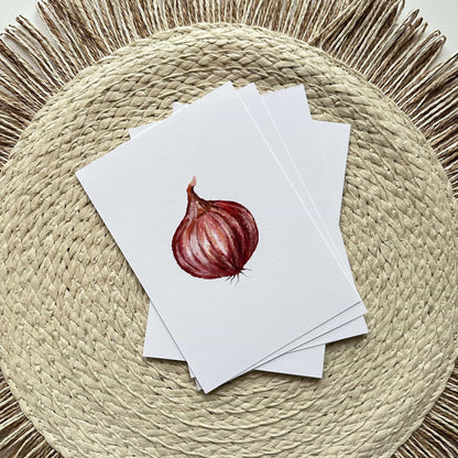 Set of greeting cards with a red onion illustration on a woven mat