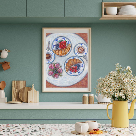 Oil pastel breakfast digital print styled on a kitchen shelf with utensils and mugs, cozy kitchen wall decor illustration, HerPens