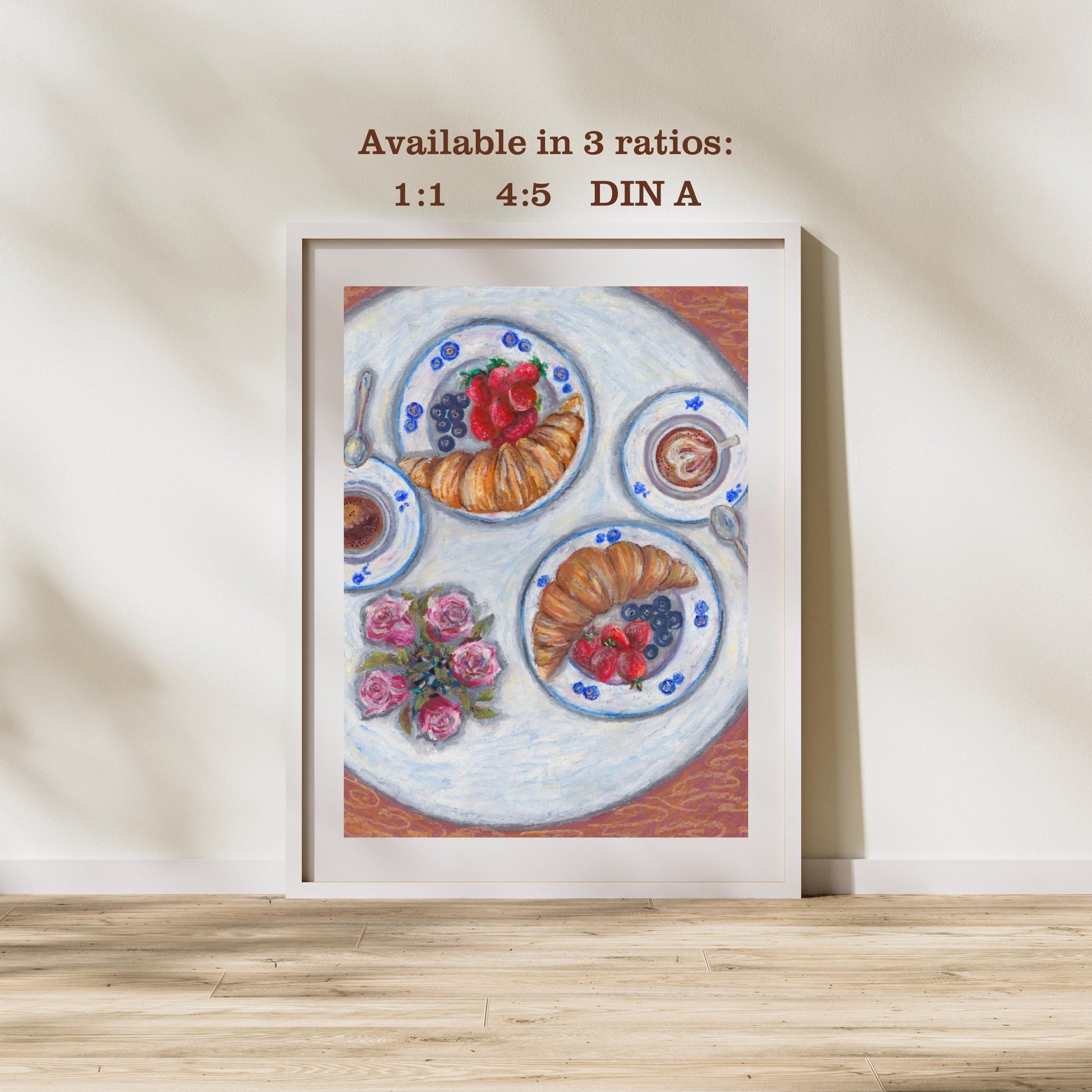 Digital download size ratio preview showing available print dimensions for oil pastel breakfast artwork, square, 4x5 and A-series sizes, HerPens