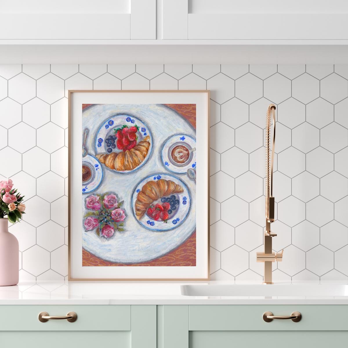 Oil pastel breakfast digital print displayed in a modern kitchen with hexagon tiles and soft mint tones, cozy breakfast illustration, HerPens
