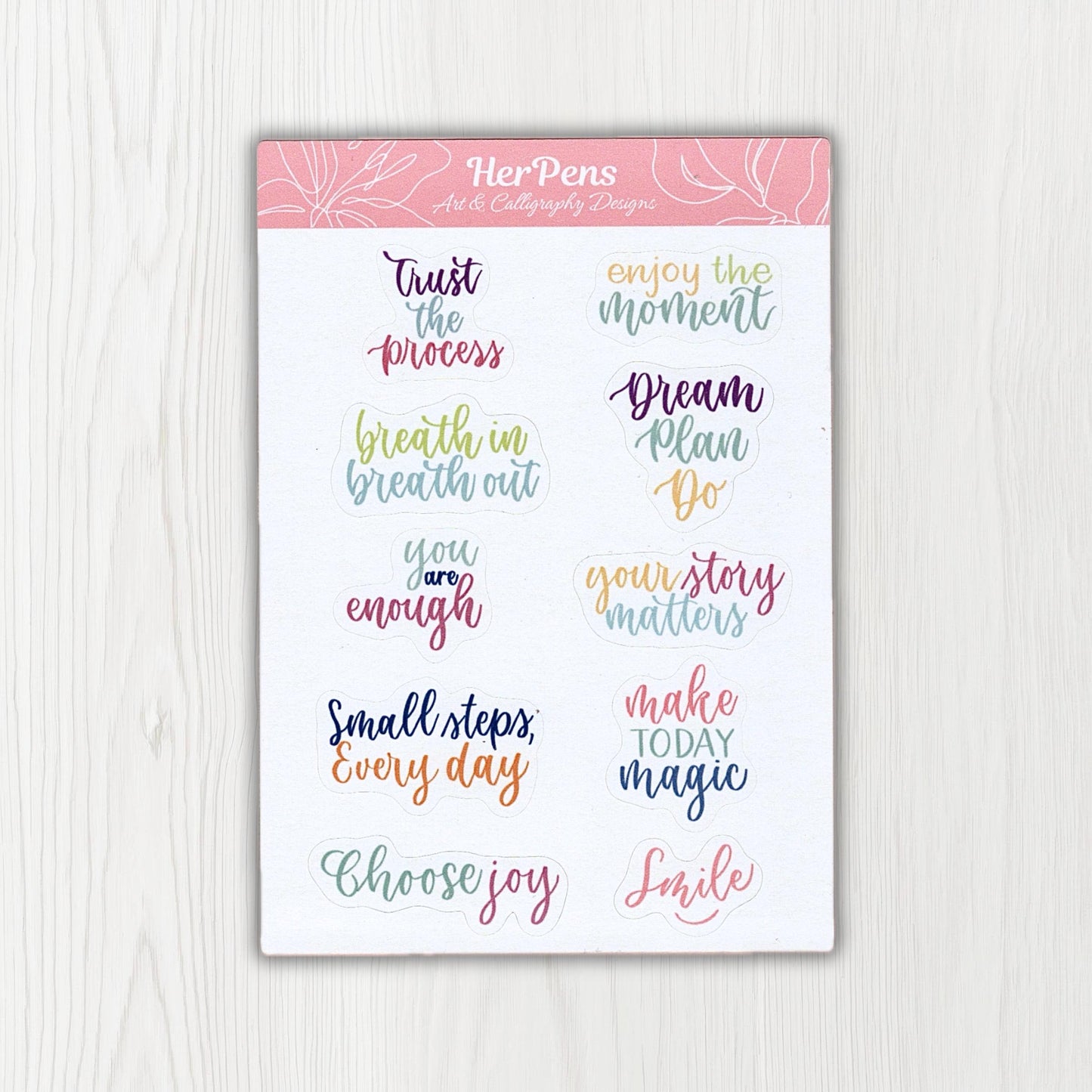 Handwritten pastel quote sticker sheet with modern calligraphy phrases on A6 matte paper aesthetic journal stickers herpens