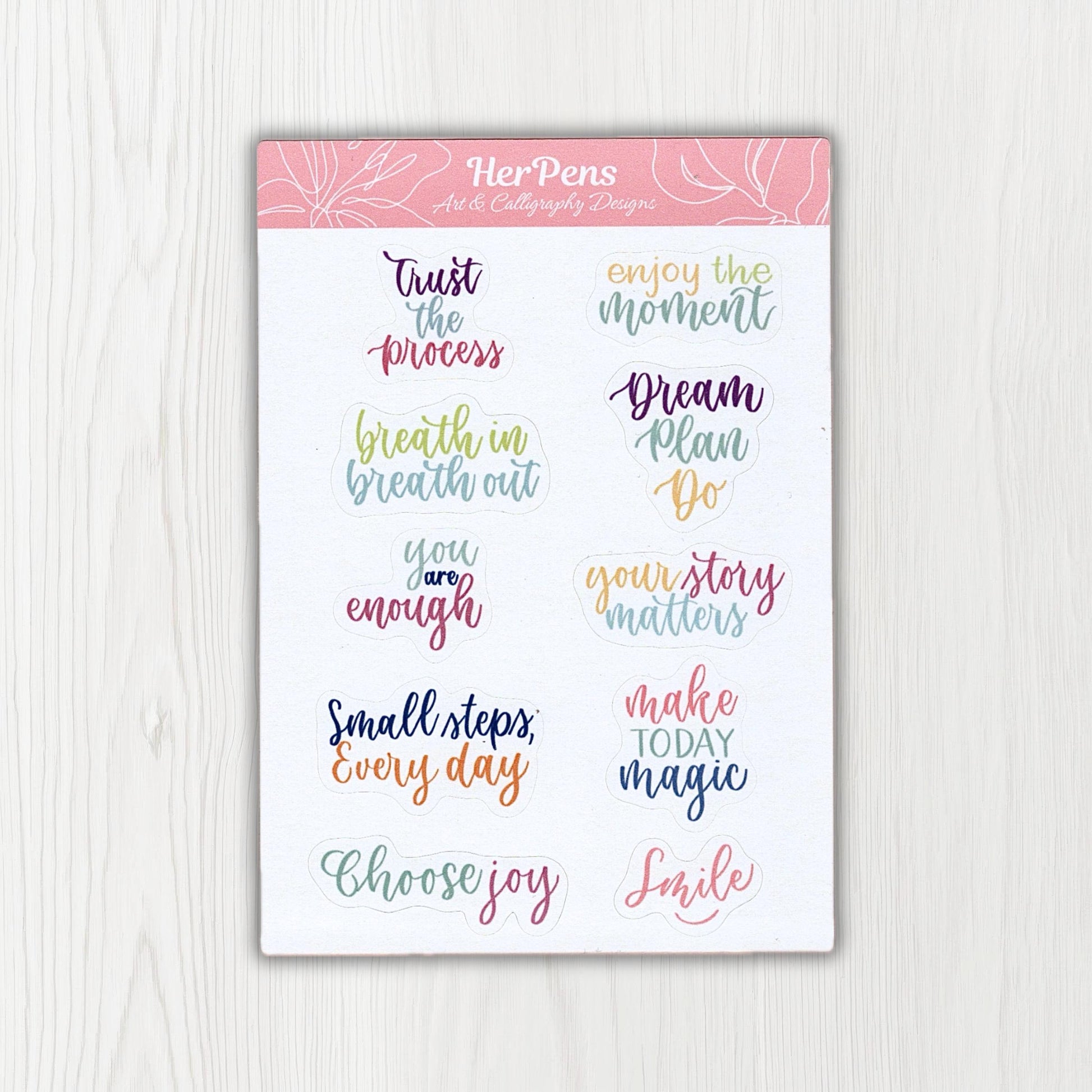 Handwritten pastel quote sticker sheet with modern calligraphy phrases on A6 matte paper aesthetic journal stickers herpens