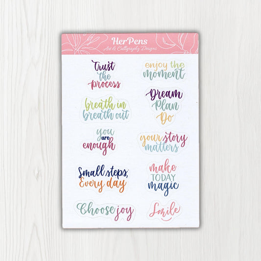 Handwritten pastel quote sticker sheet with modern calligraphy phrases on A6 matte paper aesthetic journal stickers herpens