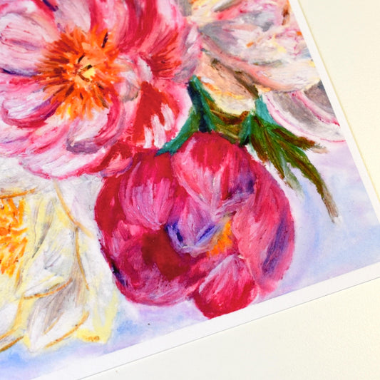 Close-up of oil pastel peony petals and leaves, showing soft texture and fine pastel detailing on 310gsm paper
