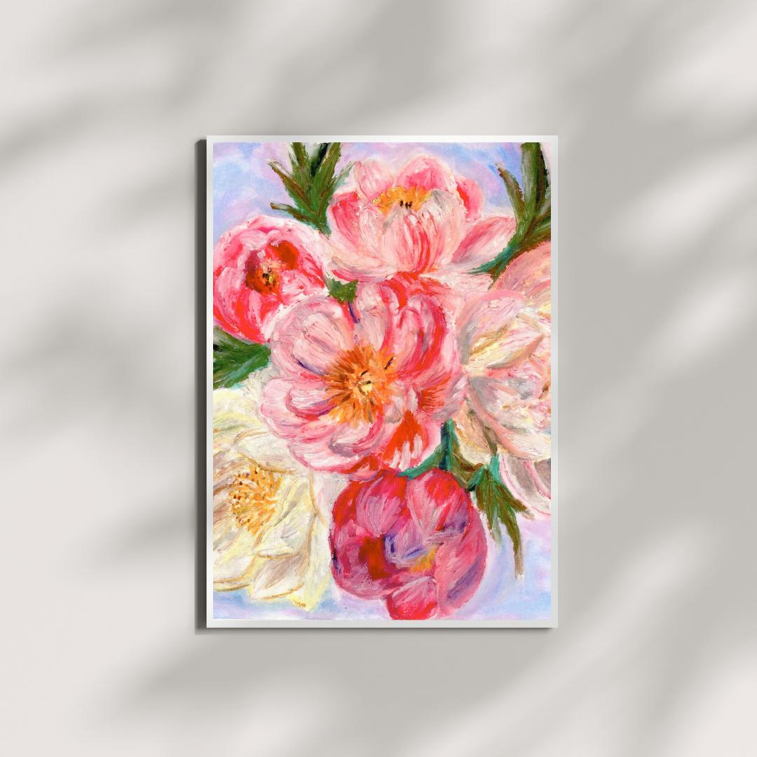 Oil pastel pink peonies art print on textured fine art paper, featuring soft pastel strokes and lush green foliage