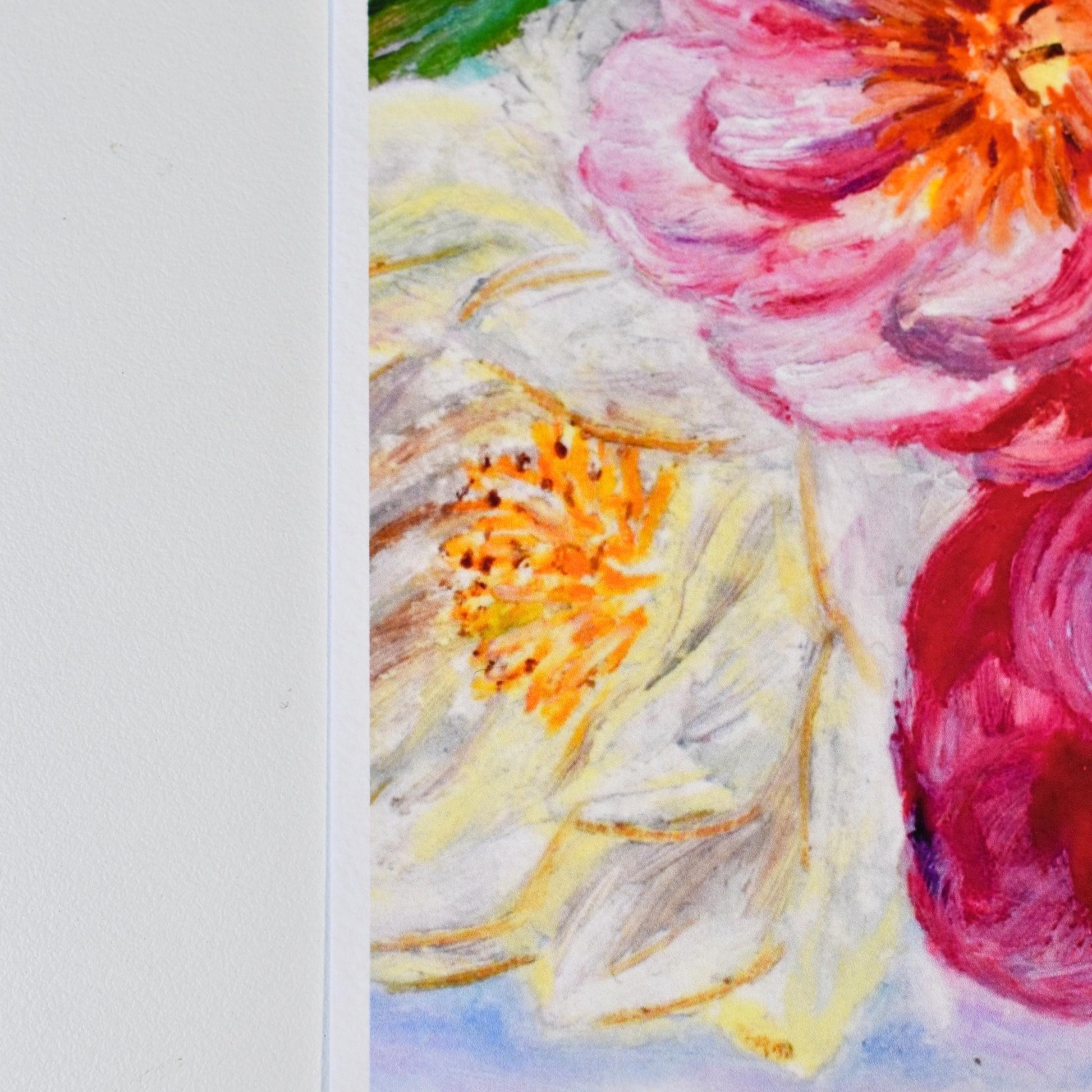 Angled side view of pink and white peonies oil pastel print, highlighting paper texture and gentle floral details