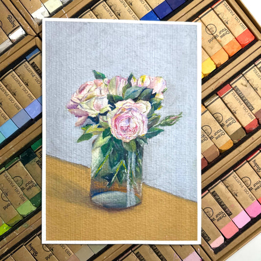 Pink roses oil pastel art print flatlay on pastel stick background, soft floral painting on textured fine art paper, HerPens