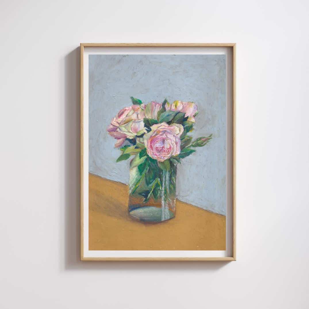 Framed pink roses oil pastel art print in light wood frame, soft floral wall art for modern interiors, HerPens