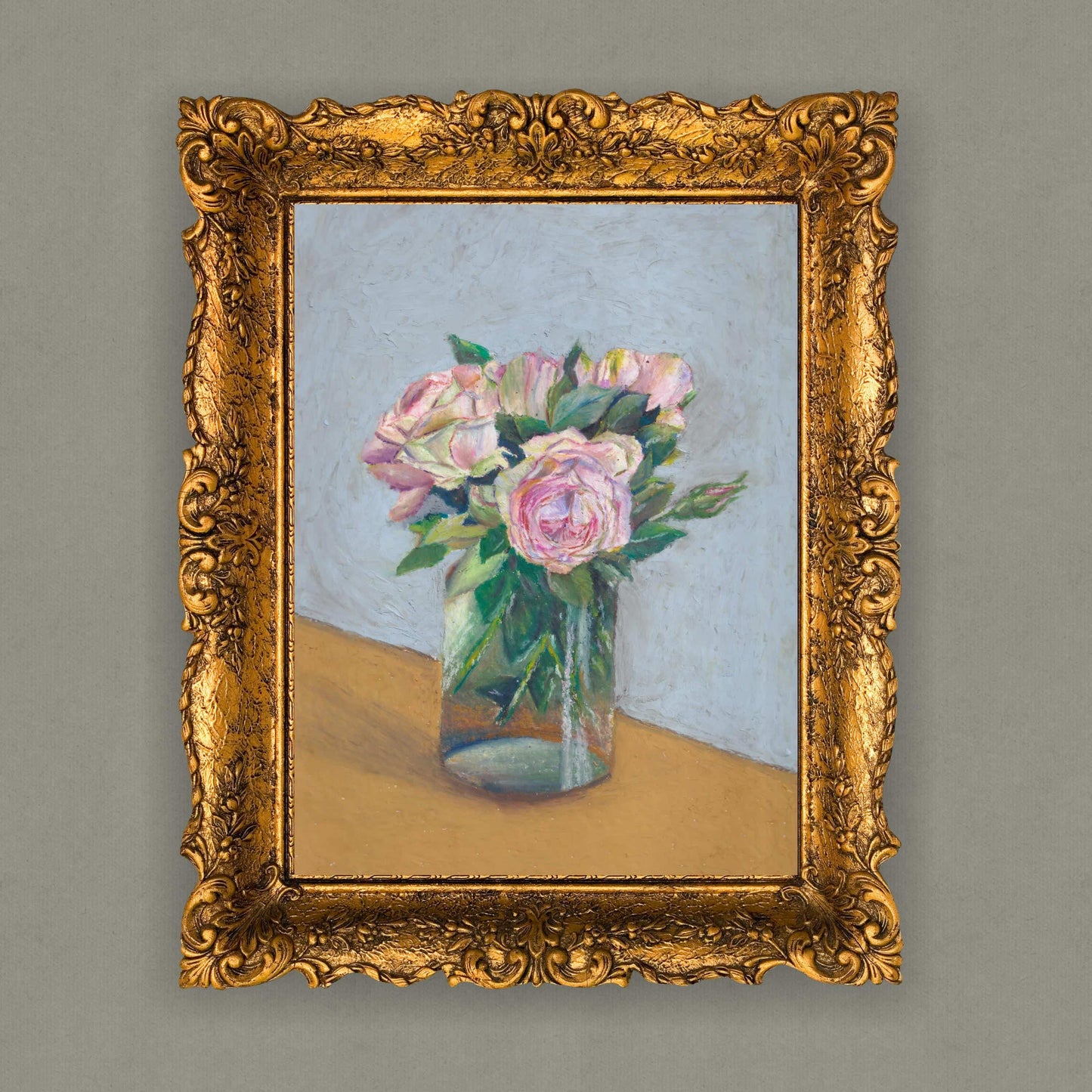 Pink roses oil pastel art print displayed in an ornate gold frame, vintage-inspired floral wall decor, HerPens
