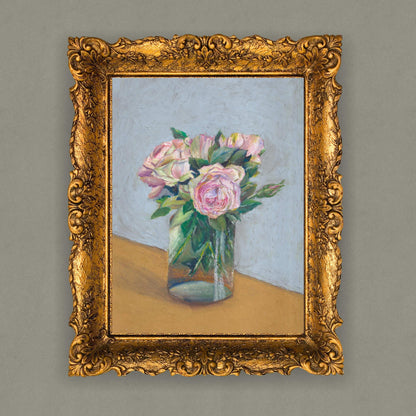 Pink roses oil pastel art print displayed in an ornate gold frame, vintage-inspired floral wall decor, HerPens