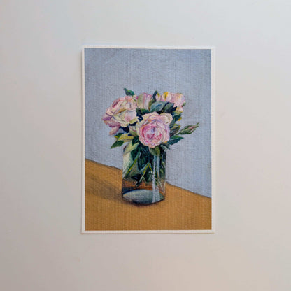 Pink roses oil pastel art print full view, floral bouquet in glass vase printed on textured fine art paper, HerPens