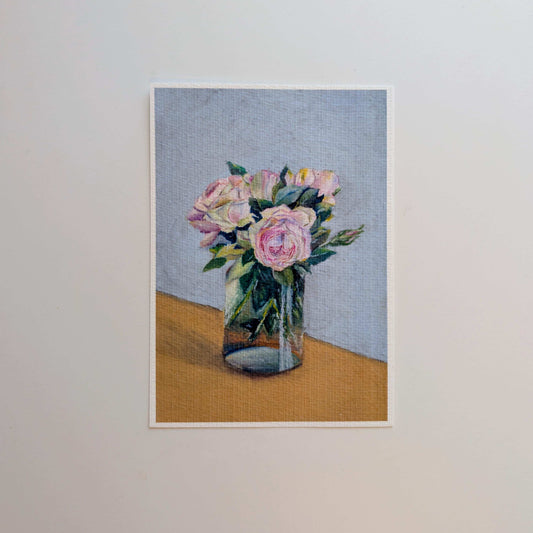 Pink roses oil pastel art print full view, floral bouquet in glass vase printed on textured fine art paper, HerPens