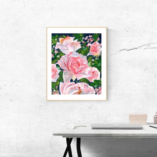 Framed Rose Garden oil pastel floral digital print on a concrete wall above a minimal table, soft pink roses with lush green foliage, HerPens