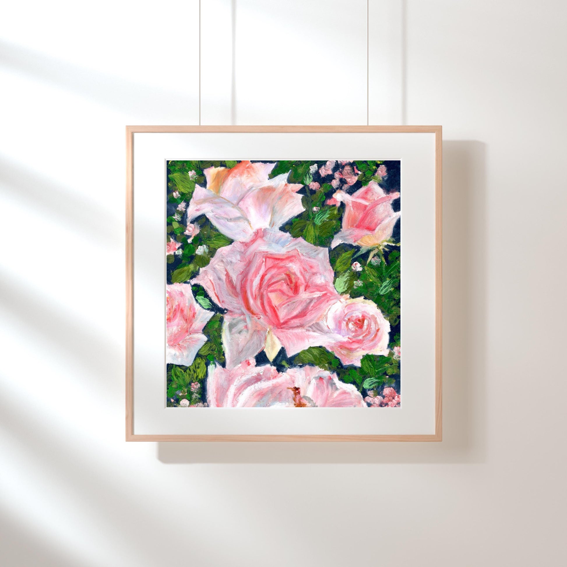 Rose Garden floral digital art print hanging on a wall in bright natural light, soft pink roses and garden foliage illustration, HerPens