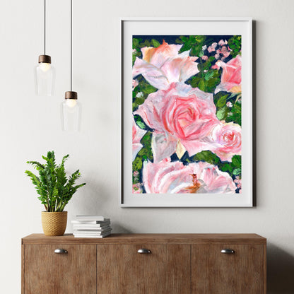 Framed Rose Garden digital artwork displayed in a bright modern interior with green plant, soft garden-inspired oil pastel roses, HerPens