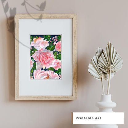Rose Garden floral digital print framed on a beige wall with minimalist vase décor, oil pastel pink rose bouquet artwork, HerPens
