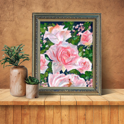 Rose Garden oil pastel digital print in rustic gold frame with warm dramatic light, vintage-inspired pink floral artwork, HerPens
