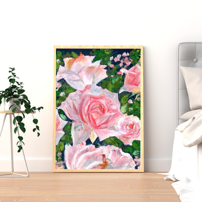 Rose Garden floral art digital download placed above a wooden console with warm neutral home decor, cozy oil pastel rose illustration, HerPens