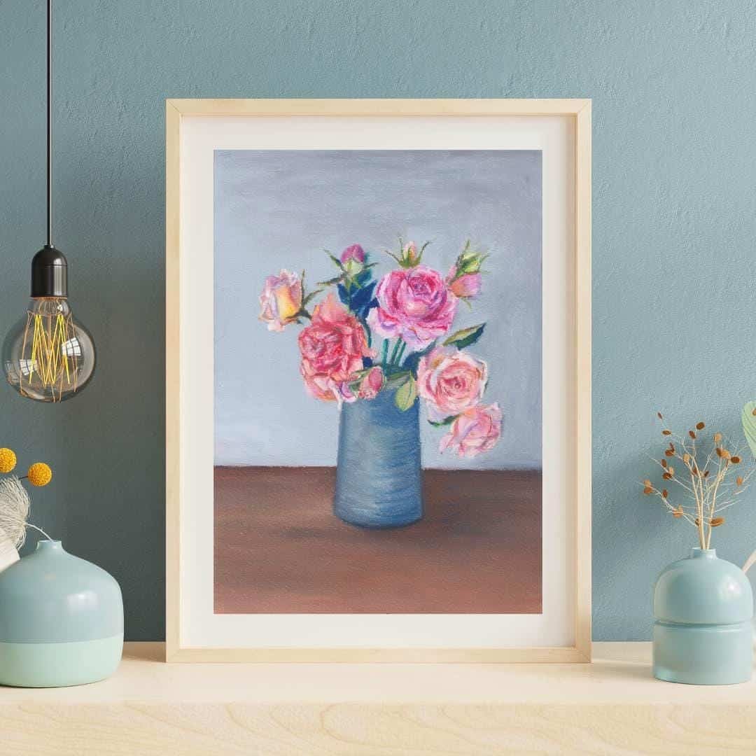 Framed oil pastel rose vase art print on a teal wall shelf scene, pink roses floral decor printed in Germany, HerPens