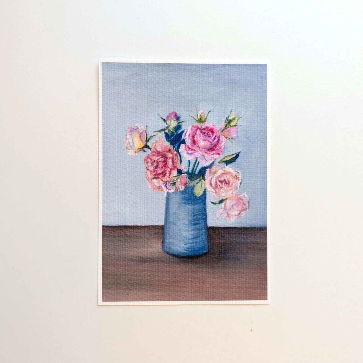 Unframed oil pastel rose vase art print full view, pink roses bouquet in blue vase on premium textured fine art paper, HerPens